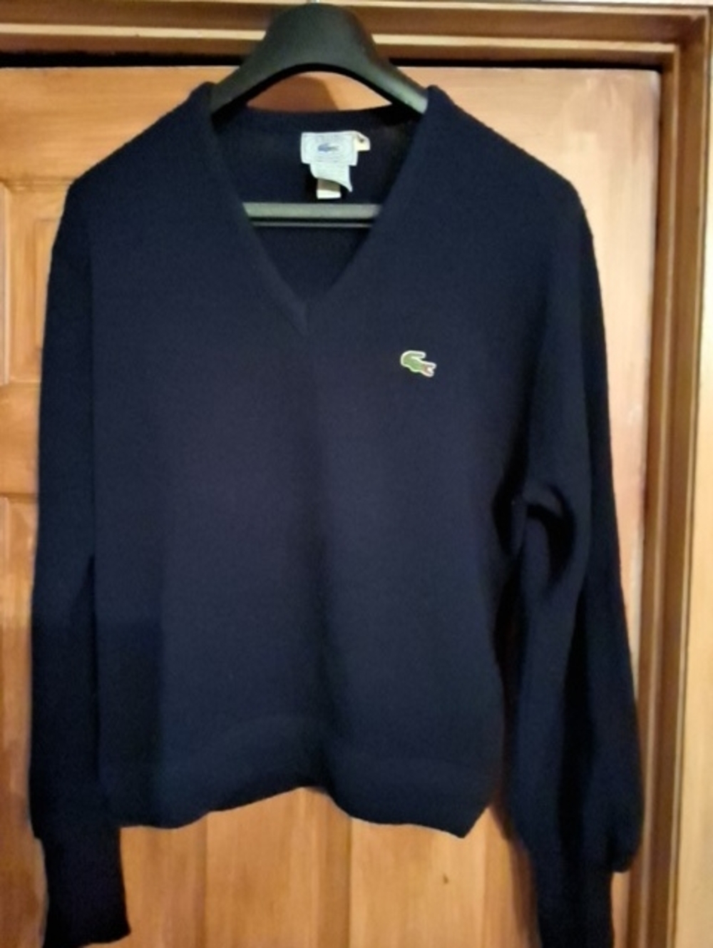 Lacoste Men's Dark Navy V-Neck Cotton Sweater with Crocodile Logo